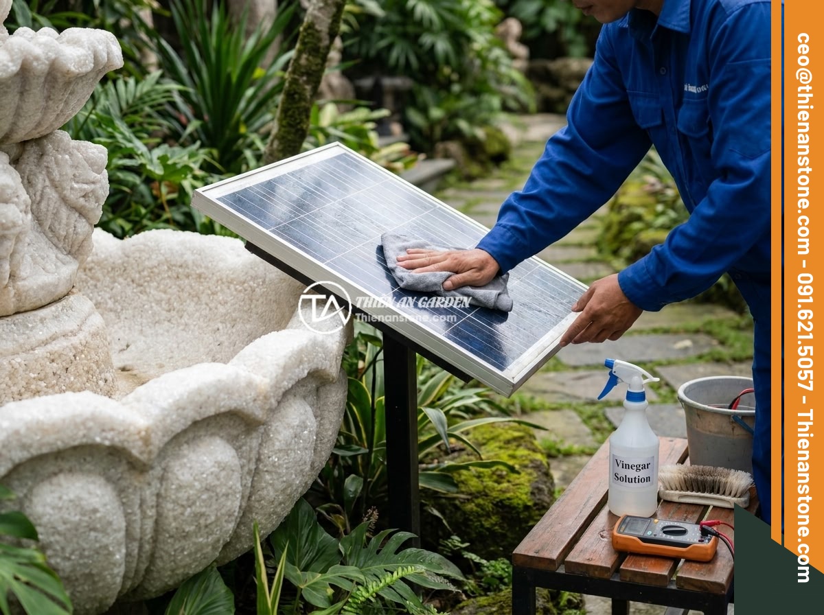 Đài Phun Nước Bằng Đá Năng Lượng Mặt Trời: Xu Hướng Xanh Thông Minh 2026 - A maintenance worker carefully cleaning the surface of a solar panel mounted nea