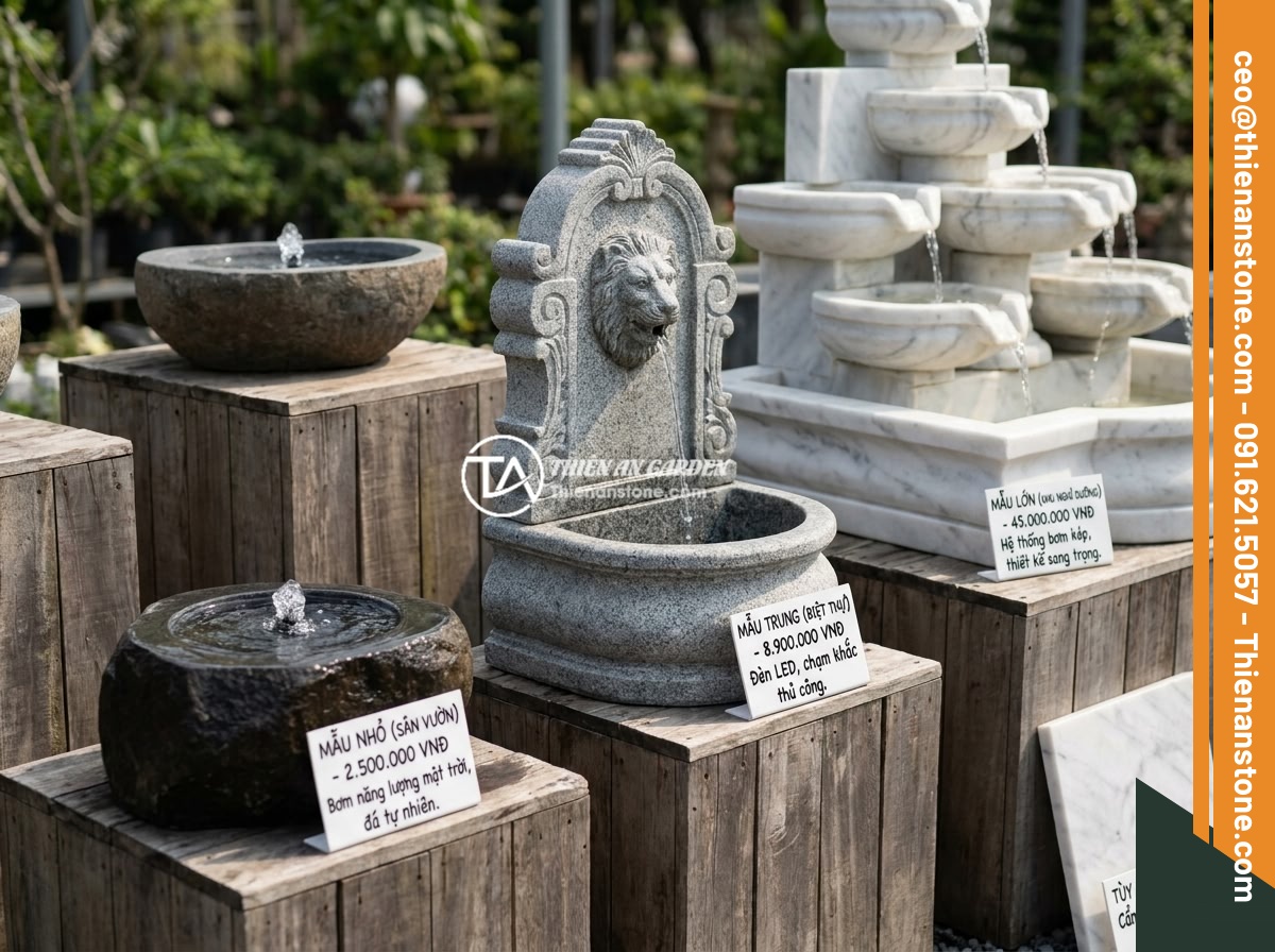 Đài Phun Nước Bằng Đá Năng Lượng Mặt Trời: Xu Hướng Xanh Thông Minh 2026 - An elegant price comparison layout showing three categories of solar stone water