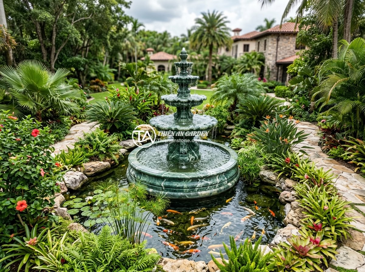 Đài Phun Nước Đá Tự Nhiên Hay Nhân Tạo? So Sánh Chi Tiết Để Quyết Định Đúng - Hình 1 Đài Phun Nước Đá Tự Nhiên Hay Nhân Tạo? So Sánh Chi Tiết Để Quyết Định Đúng - Wide overview of a luxury garden featuring a large natural granite stone fountai
