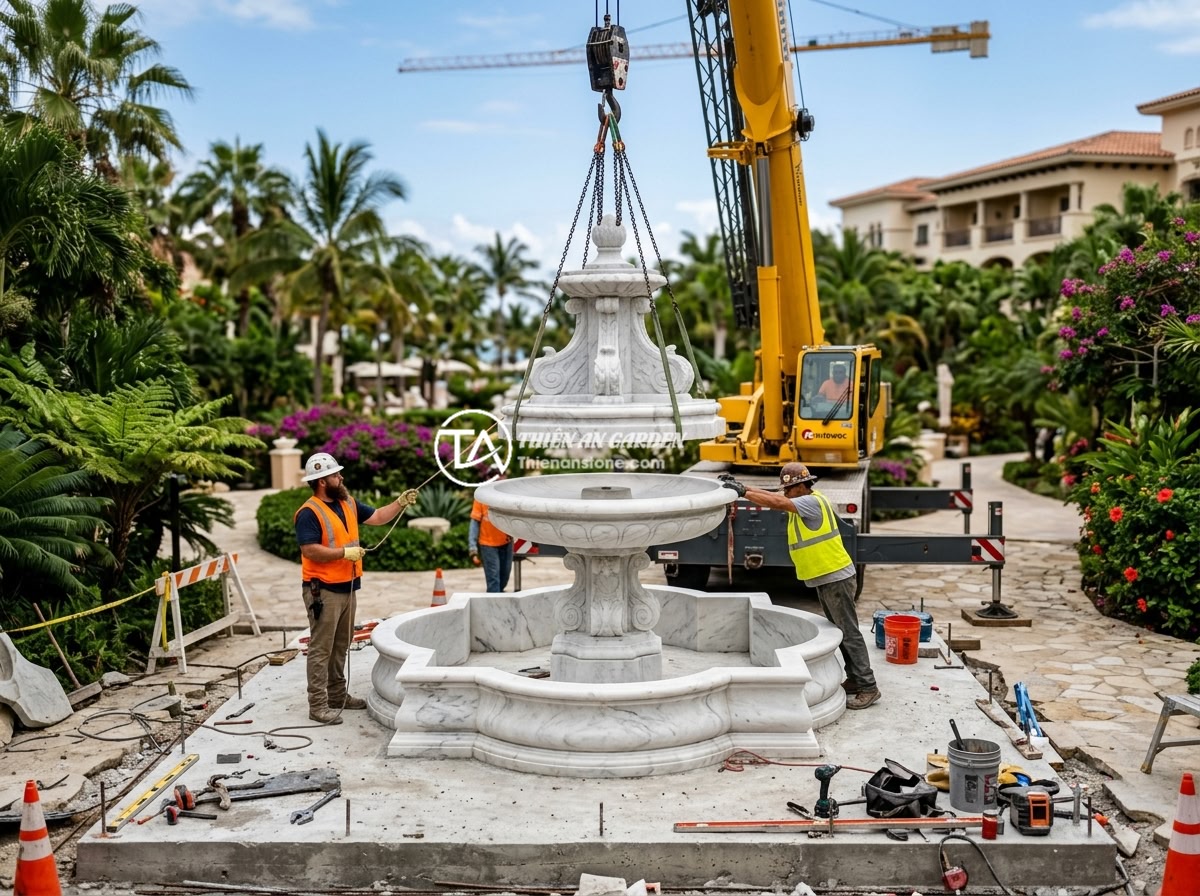 Đài Phun Nước Đá Tự Nhiên Hay Nhân Tạo? So Sánh Chi Tiết Để Quyết Định Đúng - Hình 5 Đài Phun Nước Đá Tự Nhiên Hay Nhân Tạo? So Sánh Chi Tiết Để Quyết Định Đúng - Construction crew using a crane to install a large multi-tier natural stone foun