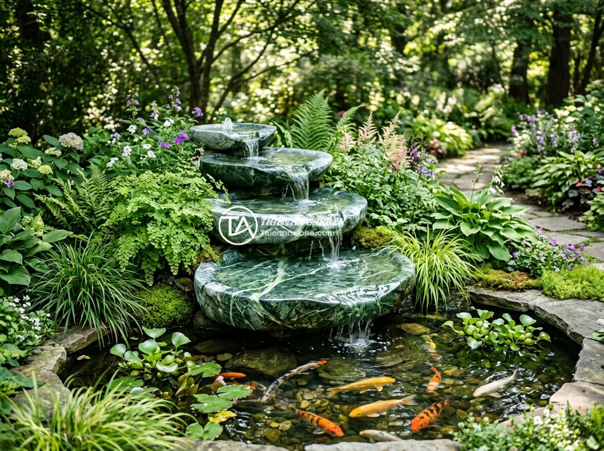 Đài Phun Nước Đá Tự Nhiên Hay Nhân Tạo? So Sánh Chi Tiết Để Quyết Định Đúng - Hình 7 Đài Phun Nước Đá Tự Nhiên Hay Nhân Tạo? So Sánh Chi Tiết Để Quyết Định Đúng - Beautiful natural stone fountain integrated into an eco-friendly garden with lus