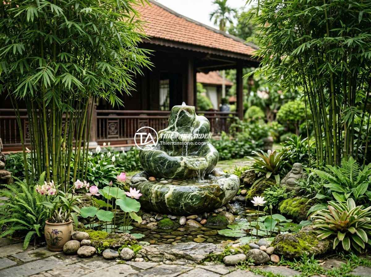 Đài Phun Nước Đá Tự Nhiên Hay Nhân Tạo? So Sánh Chi Tiết Để Quyết Định Đúng - Hình 8 Đài Phun Nước Đá Tự Nhiên Hay Nhân Tạo? So Sánh Chi Tiết Để Quyết Định Đúng - Feng shui garden setup with a natural stone fountain placed in the wealth corner