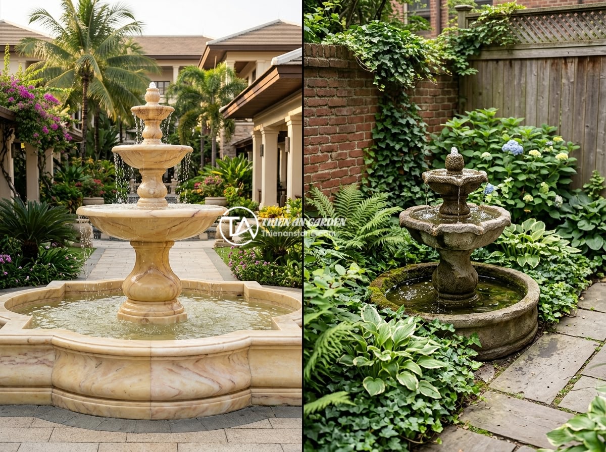 Đài Phun Nước Đá Tự Nhiên Hay Nhân Tạo? So Sánh Chi Tiết Để Quyết Định Đúng - Hình 9 Đài Phun Nước Đá Tự Nhiên Hay Nhân Tạo? So Sánh Chi Tiết Để Quyết Định Đúng - Split image showing a natural stone fountain in a luxury resort setting on the l