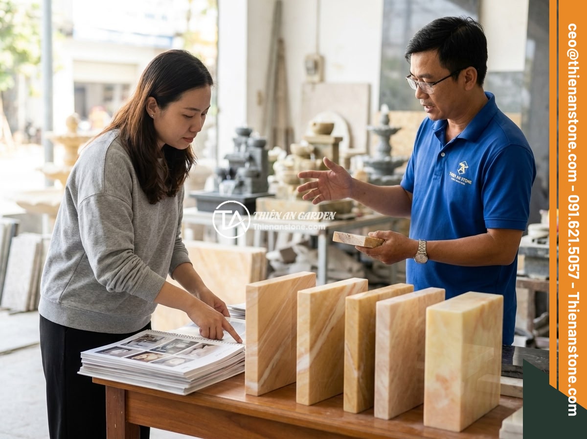 Đài Phun Nước Mini Bằng Đá Giá Bao Nhiêu? Top Mẫu Đẹp & Ứng Dụng Thực Tế - A customer consulting with a Thien An Stone expert about choosing the right mini