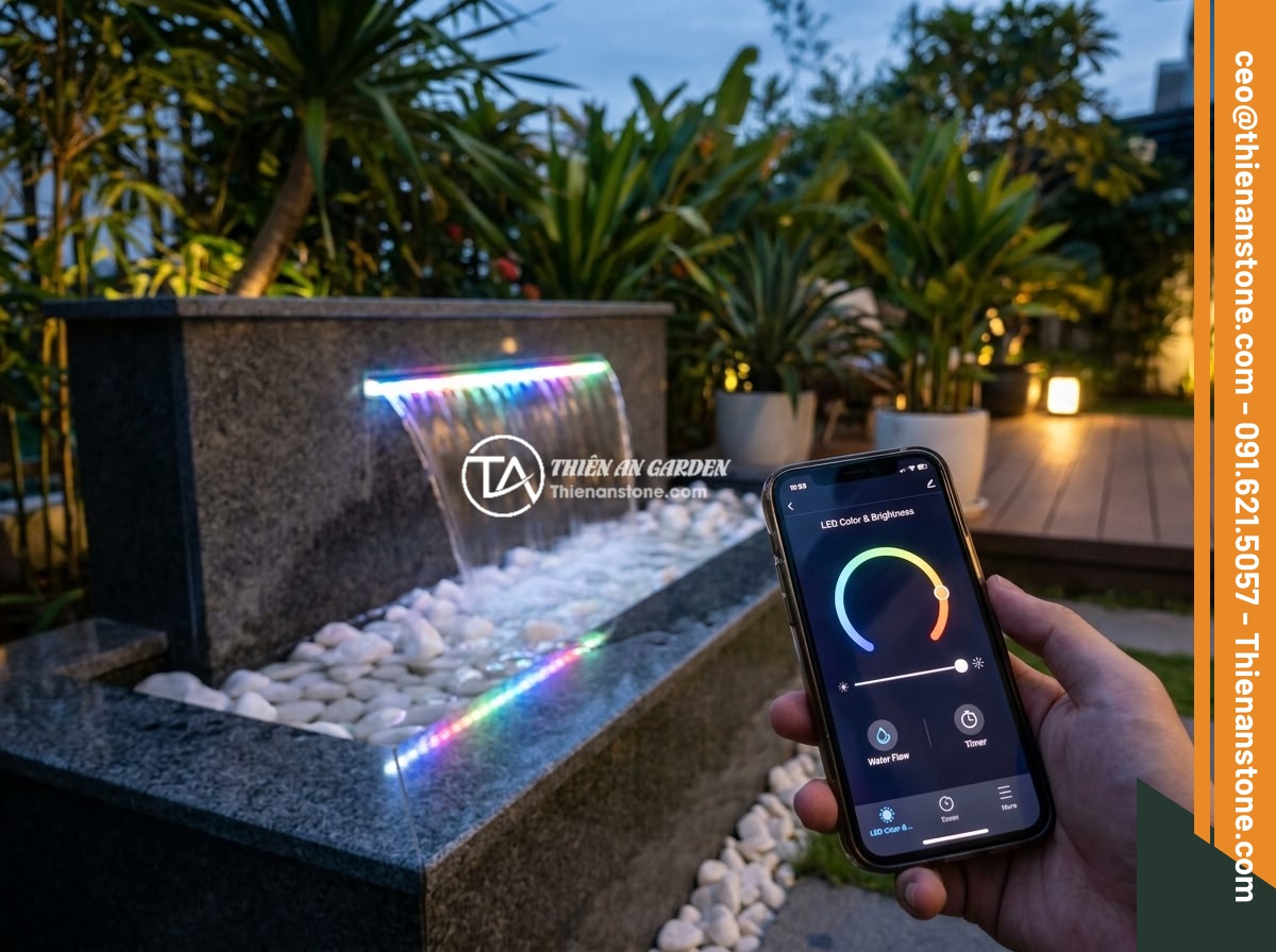 Đài Phun Nước Mini Bằng Đá Giá Bao Nhiêu? Top Mẫu Đẹp & Ứng Dụng Thực Tế - A modern minimalist black granite fountain with smart LED lighting placed in a c