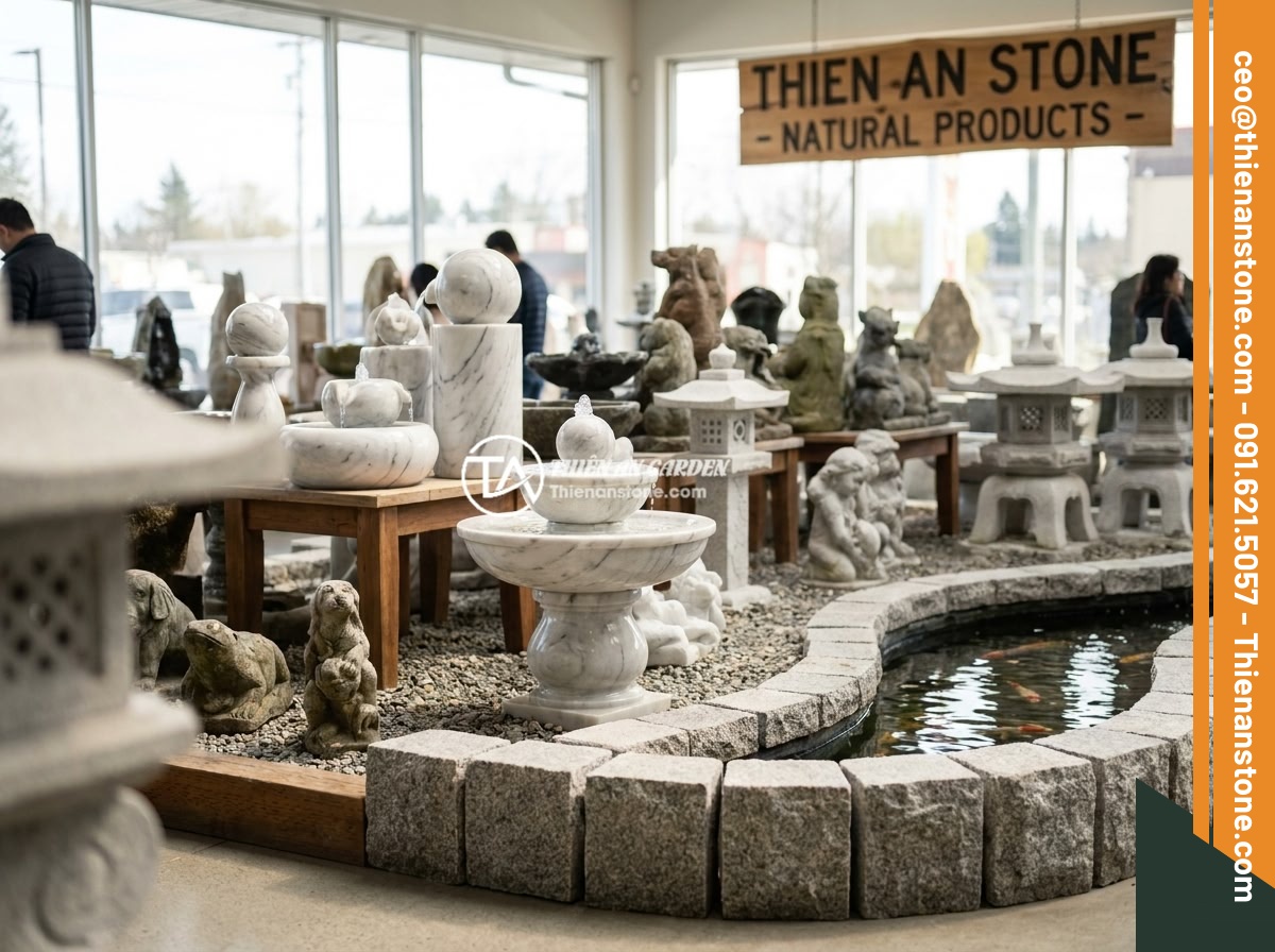 Đài Phun Nước Mini Bằng Đá Giá Bao Nhiêu? Top Mẫu Đẹp & Ứng Dụng Thực Tế - Thien An Stone showroom displaying various natural stone products including mini