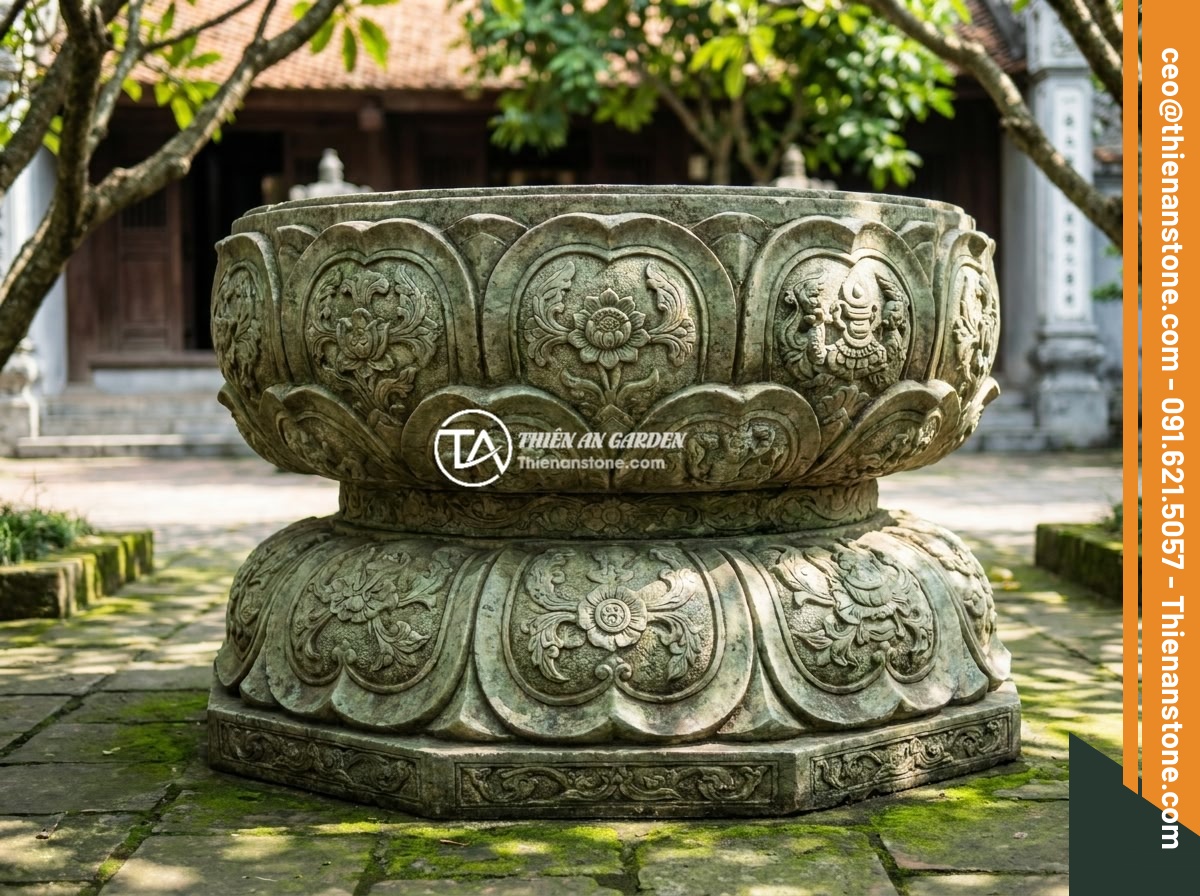 Đôn đá kê tượng Phật, Quan Âm: Chọn mẫu đẹp mang ý nghĩa phong thủy sâu sắc - Hình 2 Đôn đá kê tượng Phật, Quan Âm: Chọn mẫu đẹp mang ý nghĩa phong thủy sâu sắc - Close-up of an intricately carved lotus-shaped stone pedestal for Quan Yin statu