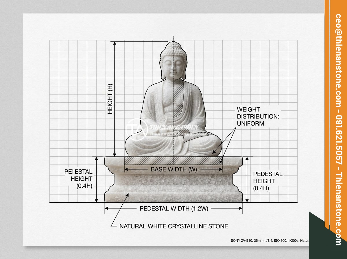 Đôn đá kê tượng Phật, Quan Âm: Chọn mẫu đẹp mang ý nghĩa phong thủy sâu sắc - Hình 5 Đôn đá kê tượng Phật, Quan Âm: Chọn mẫu đẹp mang ý nghĩa phong thủy sâu sắc - Technical diagram showing proper proportions between a stone pedestal and Buddha