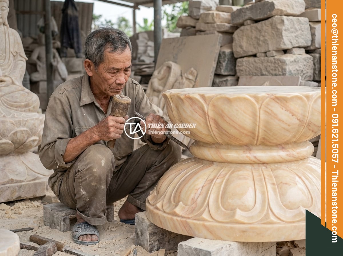 Đôn đá kê tượng Phật, Quan Âm: Chọn mẫu đẹp mang ý nghĩa phong thủy sâu sắc - Hình 7 Đôn đá kê tượng Phật, Quan Âm: Chọn mẫu đẹp mang ý nghĩa phong thủy sâu sắc - A skilled Vietnamese stone carver working on a lotus-shaped stone pedestal using