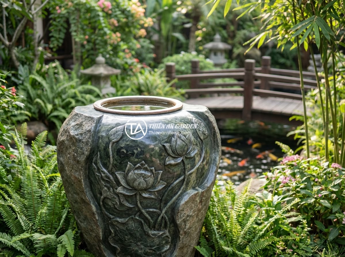 Đôn đá tự nhiên theo yêu cầu: Quy trình đặt hàng, thiết kế và lợi ích tùy chỉnh - A luxurious custom natural stone pedestal made from dark granite with intricate
