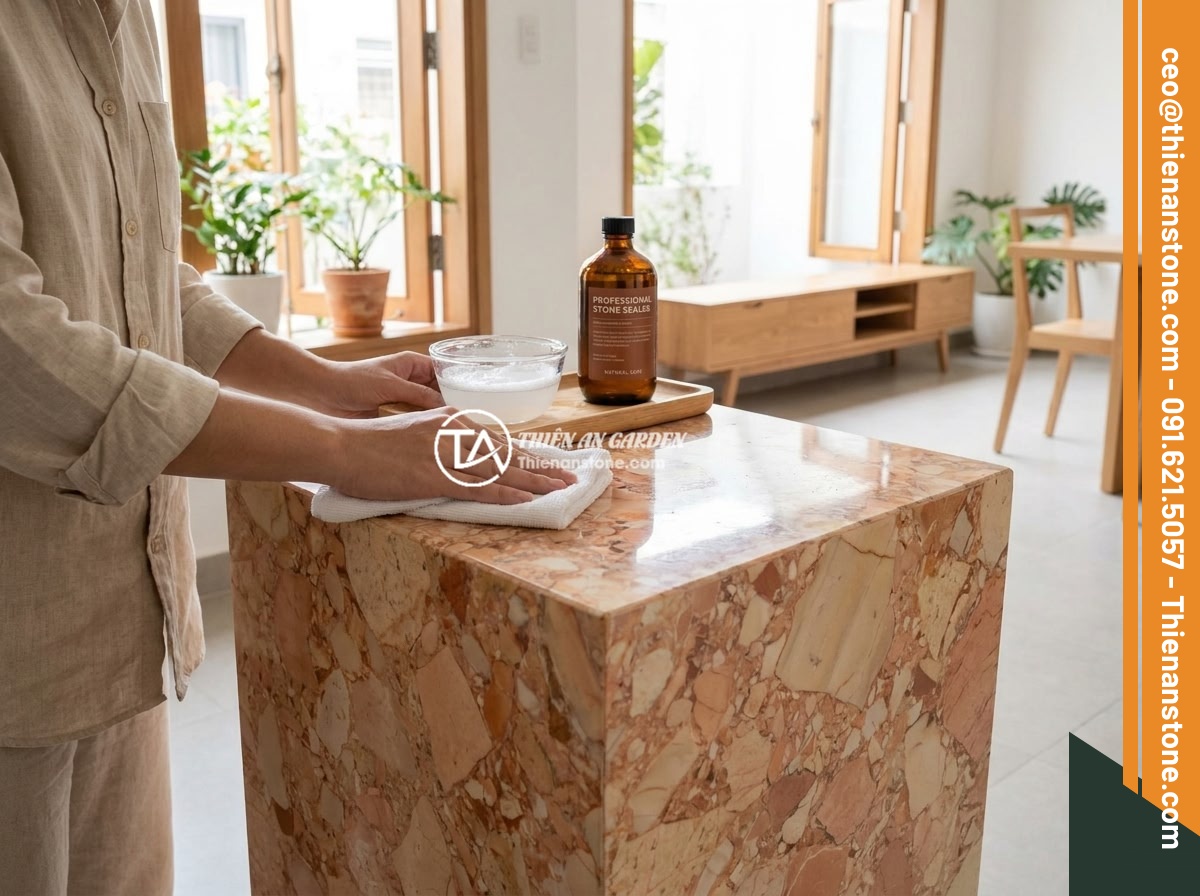 Đôn đá tự nhiên theo yêu cầu: Quy trình đặt hàng, thiết kế và lợi ích tùy chỉnh - Hình 11 Đôn đá tự nhiên theo yêu cầu: Quy trình đặt hàng, thiết kế và lợi ích tùy chỉnh - A maintenance scene showing someone gently cleaning a polished natural stone ped