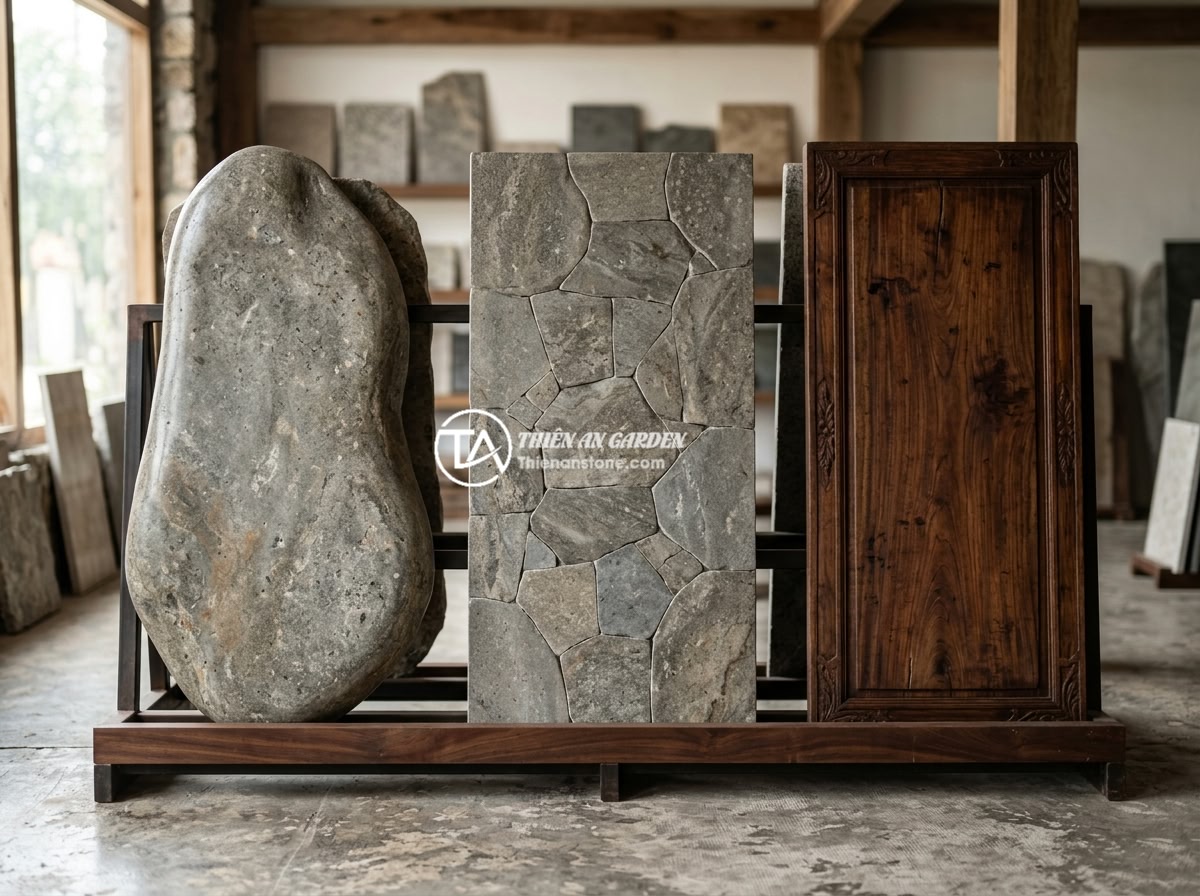 FAQ Sập Đá Nguyên Khối: 15 Câu Hỏi Thường Gặp Và Giải Đáp Chi Tiết - Side-by-side comparison display of three types of slabs - a monolithic natural s