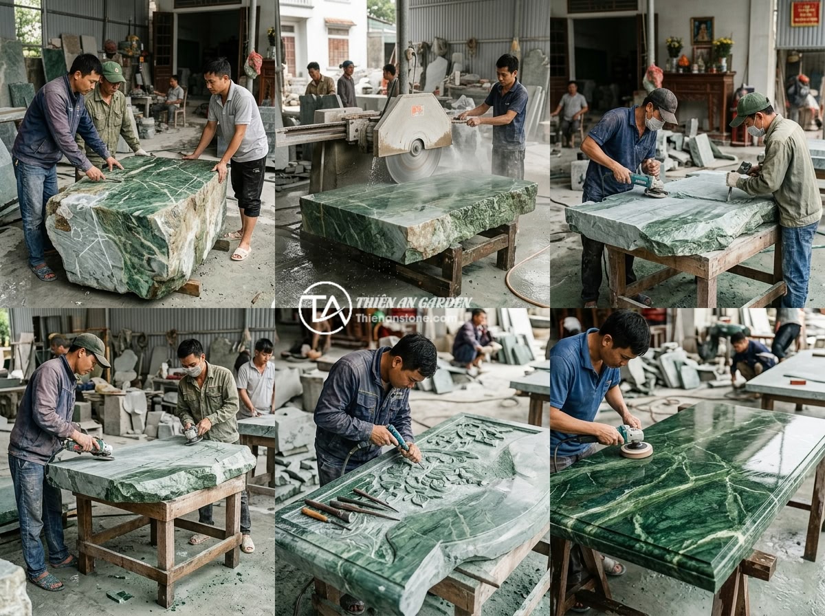 FAQ Sập Đá Nguyên Khối: 15 Câu Hỏi Thường Gặp Và Giải Đáp Chi Tiết - Time-lapse style composite image showing the manufacturing stages of a monolithi