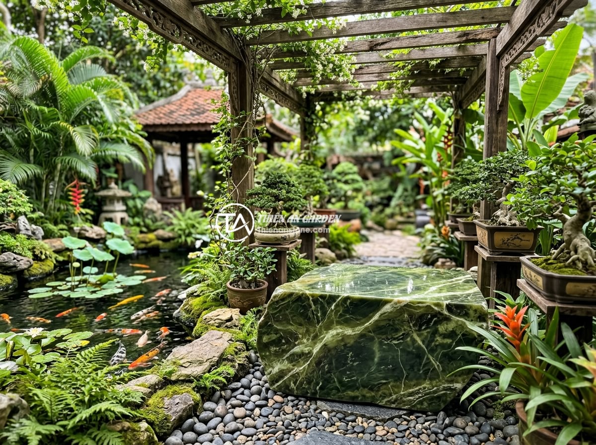 FAQ Sập Đá Nguyên Khối: 15 Câu Hỏi Thường Gặp Và Giải Đáp Chi Tiết - A natural stone slab beautifully placed in a Vietnamese traditional garden setti