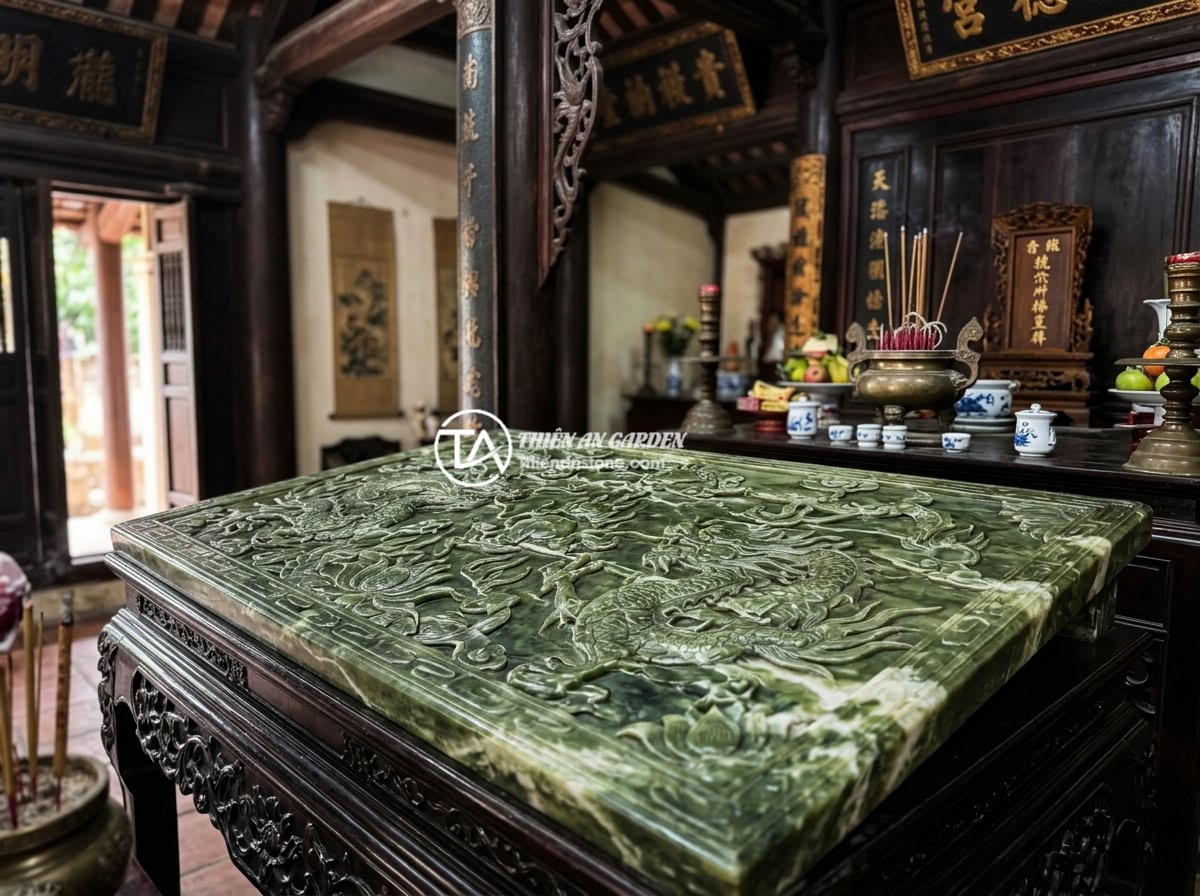 FAQ Sập Đá Nguyên Khối: 15 Câu Hỏi Thường Gặp Và Giải Đáp Chi Tiết - A beautiful aged natural stone slab in a traditional Vietnamese ancestral hall, 