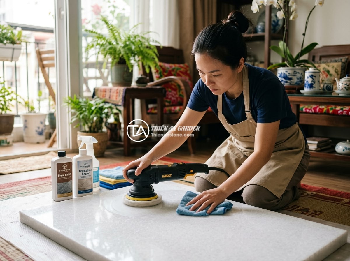 FAQ Sập Đá Nguyên Khối: 15 Câu Hỏi Thường Gặp Và Giải Đáp Chi Tiết - A person carefully cleaning and polishing a natural stone slab surface with prof