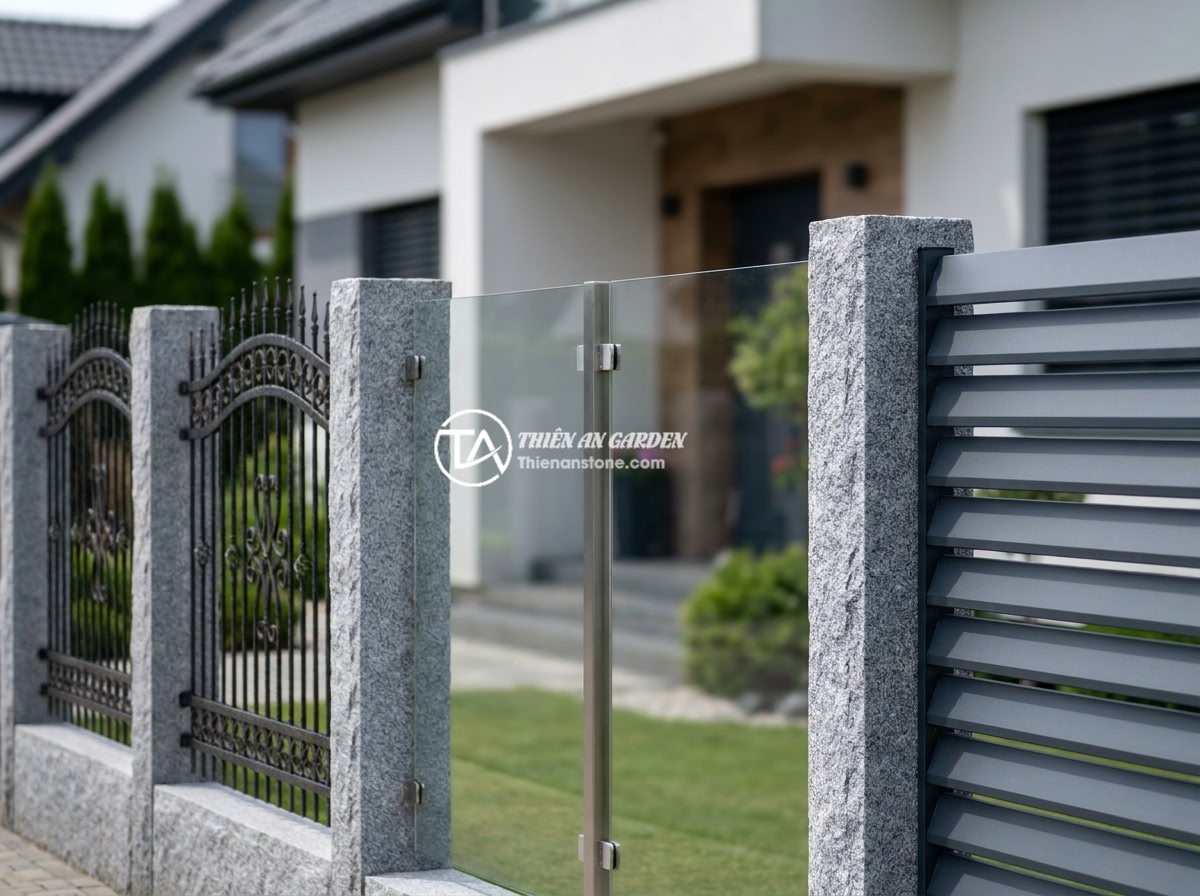 FAQ Trụ Đá Hàng Rào: 15 Câu Hỏi Thường Gặp Và Câu Trả Lời Chi Tiết - A modern villa showcasing different fence pillar and railing combinations - natu