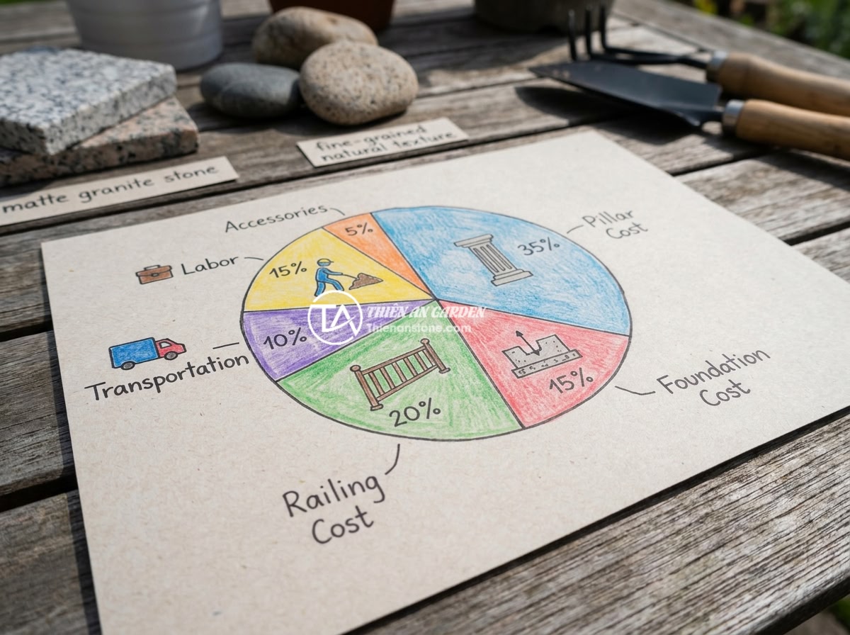 FAQ Trụ Đá Hàng Rào: 15 Câu Hỏi Thường Gặp Và Câu Trả Lời Chi Tiết - An infographic-style illustration showing the total cost breakdown of a stone fe