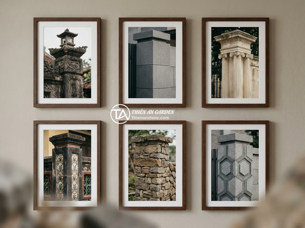 FAQ Trụ Đá Hàng Rào: 15 Câu Hỏi Thường Gặp Và Câu Trả Lời Chi Tiết - A gallery-style collage of six different beautiful stone fence pillar designs in