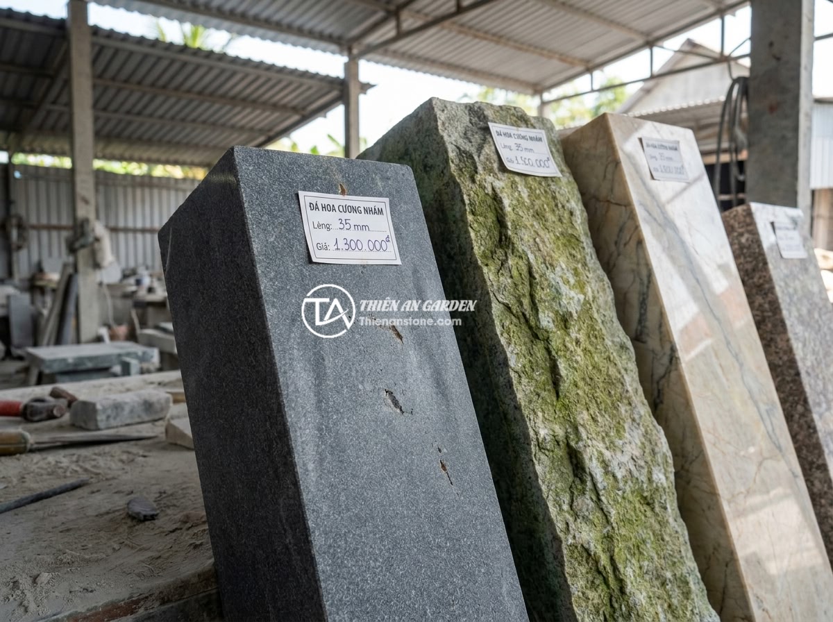 FAQ Trụ Đá Hàng Rào: 15 Câu Hỏi Thường Gặp Và Câu Trả Lời Chi Tiết - Close-up of various natural stone fence pillar samples displayed at a stone work