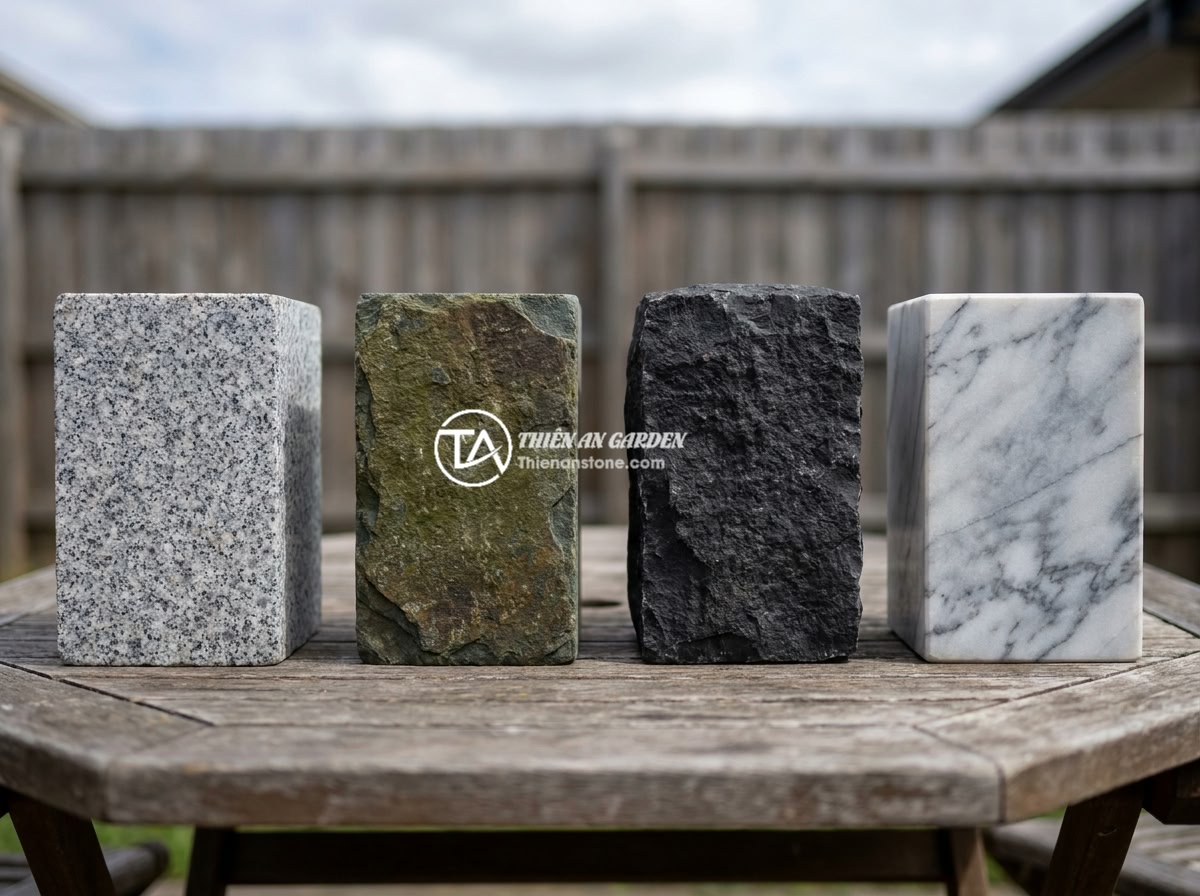 FAQ Trụ Đá Hàng Rào: 15 Câu Hỏi Thường Gặp Và Câu Trả Lời Chi Tiết - A comparison display of different natural stone types used for fence pillars inc