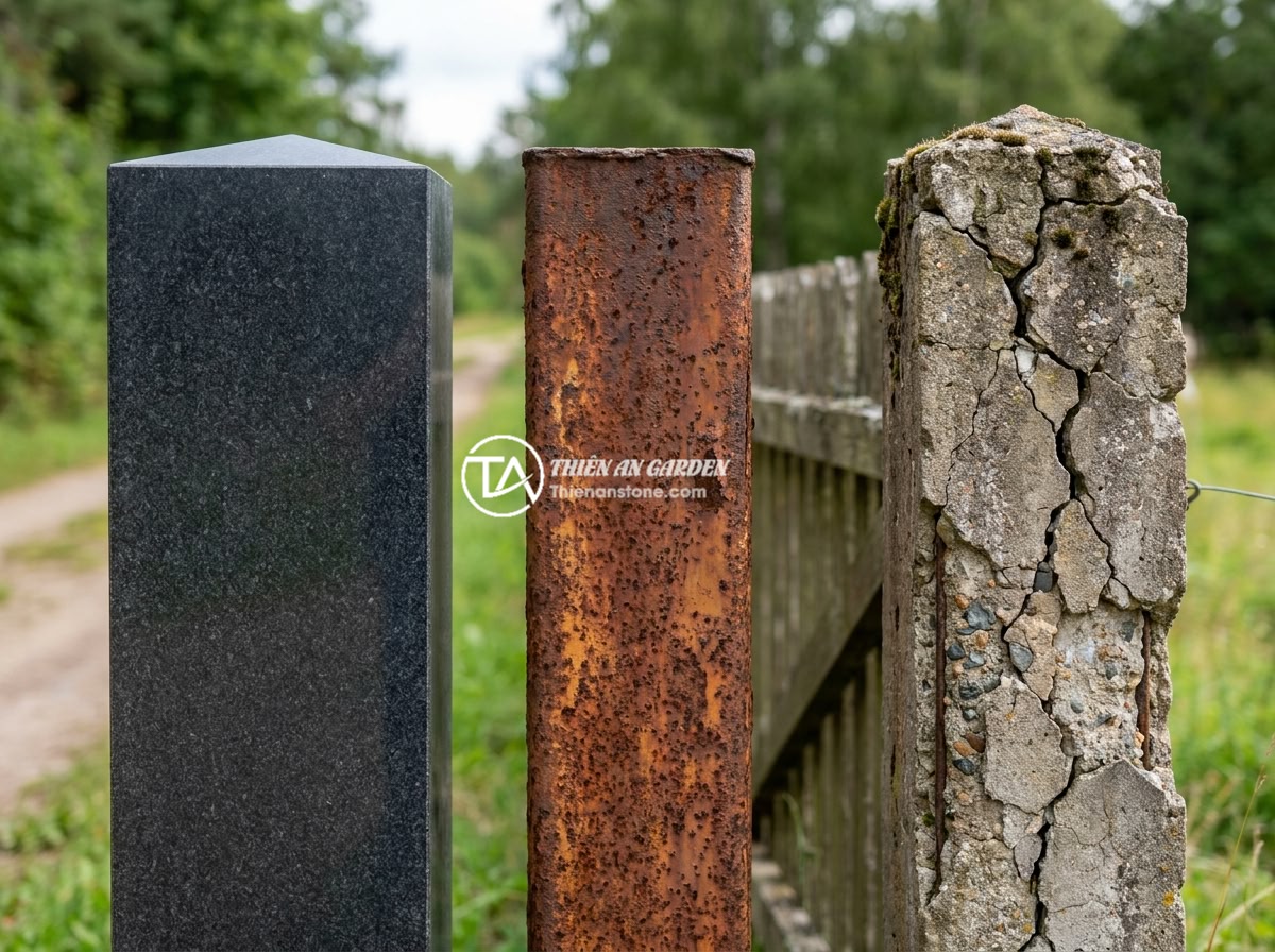 FAQ Trụ Đá Hàng Rào: 15 Câu Hỏi Thường Gặp Và Câu Trả Lời Chi Tiết - Side-by-side comparison of aged fence pillars after 10 years - natural stone pil