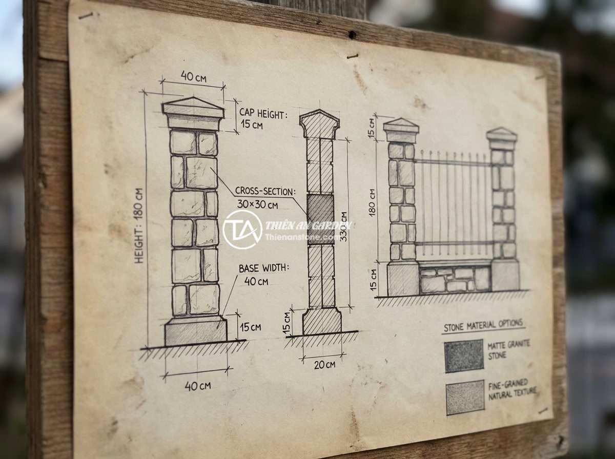 FAQ Trụ Đá Hàng Rào: 15 Câu Hỏi Thường Gặp Và Câu Trả Lời Chi Tiết - Technical diagram showing standard dimensions and specifications of natural ston
