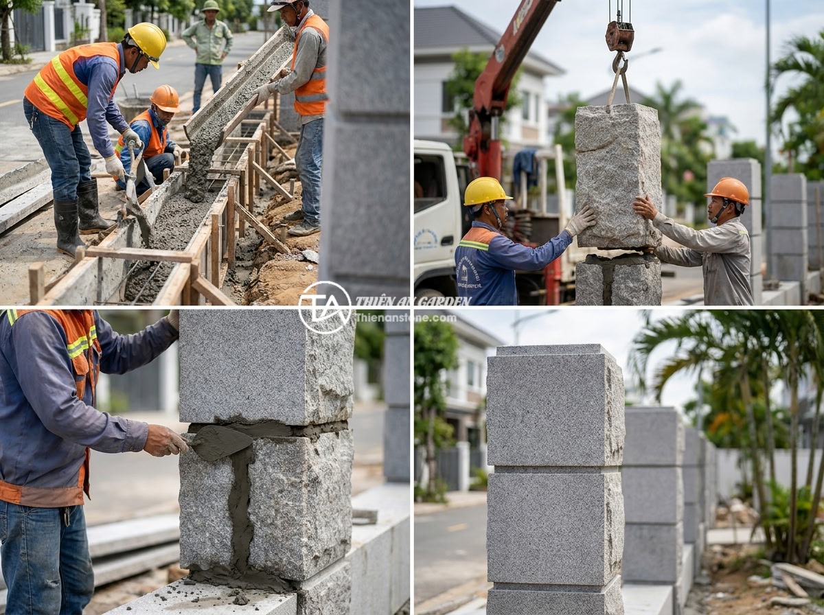 FAQ Trụ Đá Hàng Rào: 15 Câu Hỏi Thường Gặp Và Câu Trả Lời Chi Tiết - Step-by-step construction process of installing natural stone fence pillars show