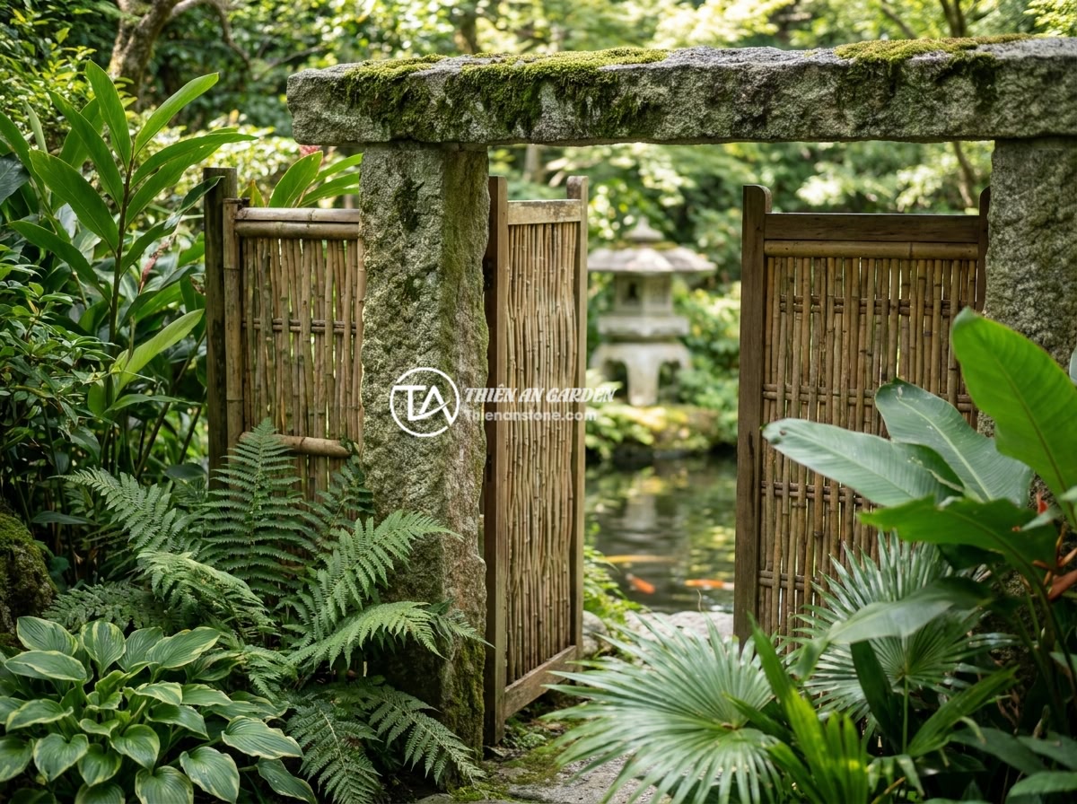 FAQ Trụ Đá Hàng Rào: 15 Câu Hỏi Thường Gặp Và Câu Trả Lời Chi Tiết - Beautiful Asian-style garden entrance with natural stone fence pillars covered i