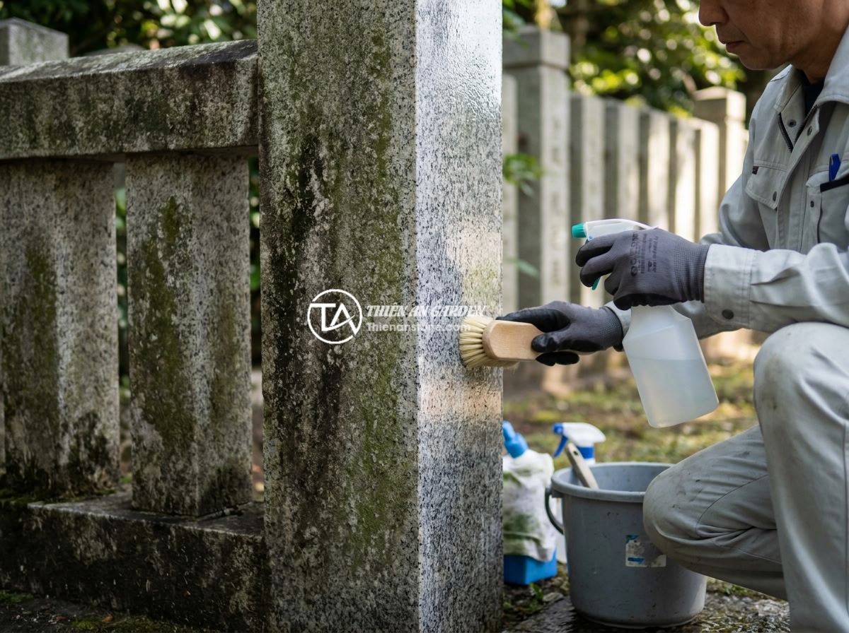 FAQ Trụ Đá Hàng Rào: 15 Câu Hỏi Thường Gặp Và Câu Trả Lời Chi Tiết - A maintenance worker carefully cleaning and polishing a natural stone fence pill