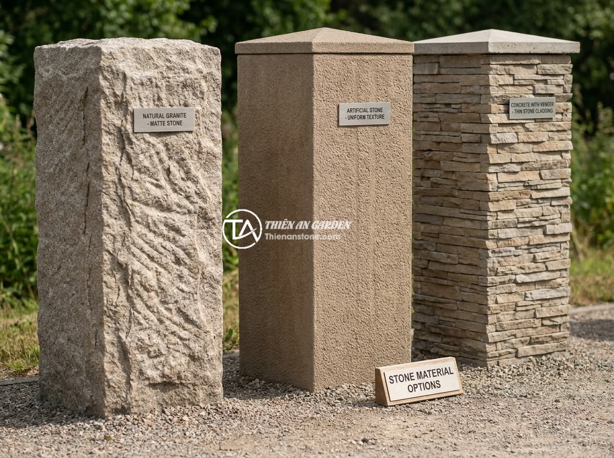 FAQ Trụ Đá Hàng Rào: 15 Câu Hỏi Thường Gặp Và Câu Trả Lời Chi Tiết - Three fence pillars placed side by side for comparison - one made of solid natur