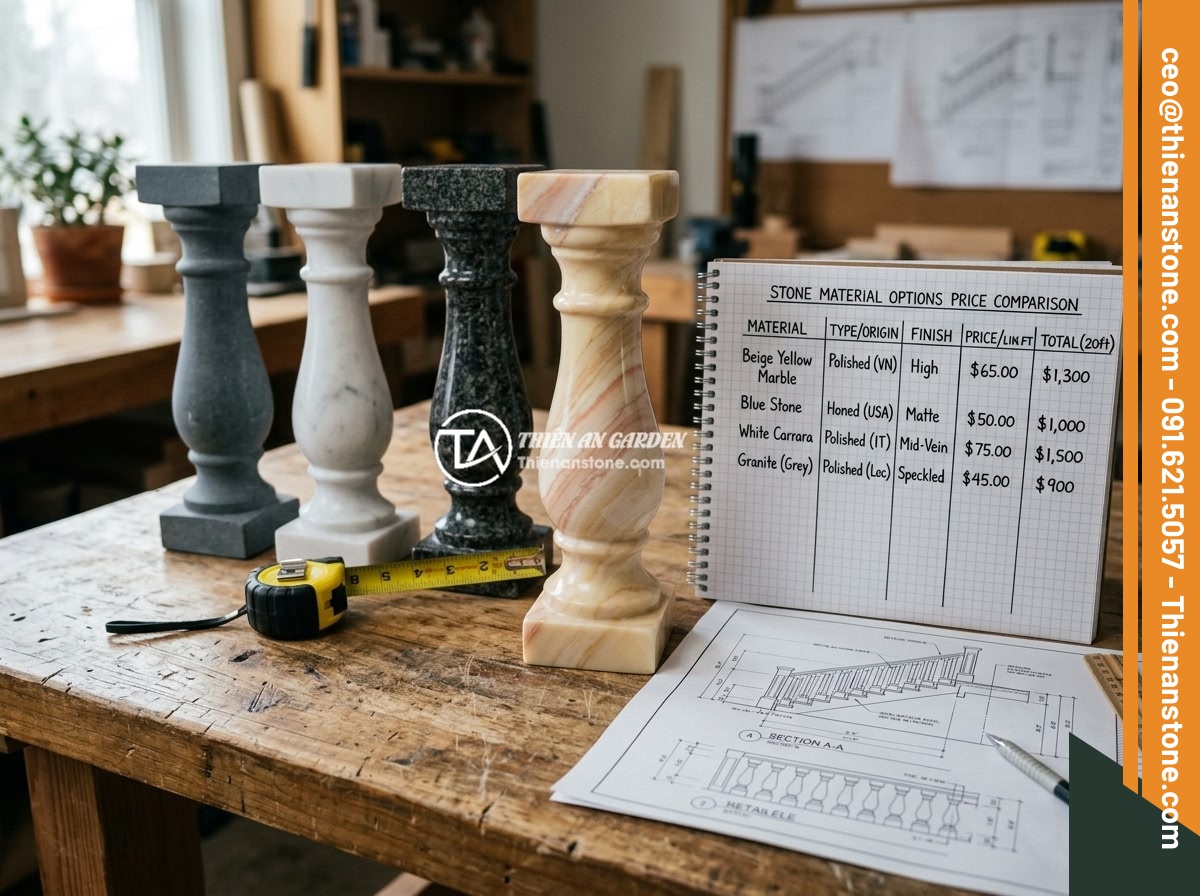 Giá Lục Bình Đá Bao Nhiêu Tiền? Bảng Giá Cập Nhật 2026 & Yếu Tố Ảnh Hưởng Chi Phí - Hình 2 Giá Lục Bình Đá Bao Nhiêu Tiền? Bảng Giá Cập Nhật 2026 & Yếu Tố Ảnh Hưởng Chi Phí - A detailed price comparison chart displayed on a wooden desk alongside natural s