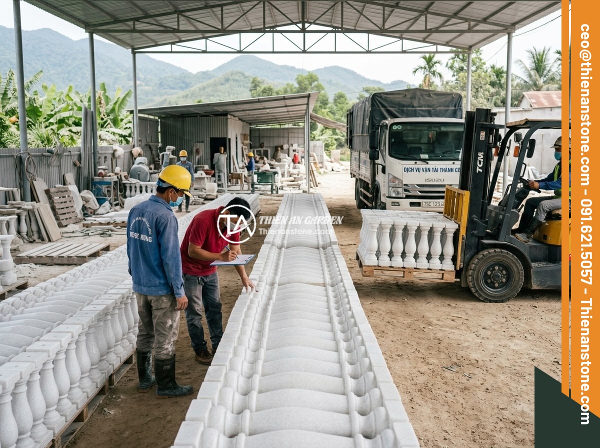 Giá Lục Bình Đá Bao Nhiêu Tiền? Bảng Giá Cập Nhật 2026 & Yếu Tố Ảnh Hưởng Chi Phí - Hình 7 Giá Lục Bình Đá Bao Nhiêu Tiền? Bảng Giá Cập Nhật 2026 & Yếu Tố Ảnh Hưởng Chi Phí - A well-organized natural stone carving workshop in Vietnam with rows of finished