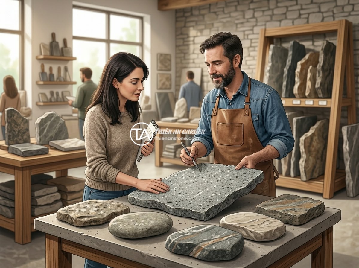 Giá Sập Đá Nguyên Khối 2026 Bao Nhiêu Tiền? Bảng Giá Chi Tiết Cập Nhật Mới Nhất - A FAQ illustration showing a customer having a consultation with a stone expert 