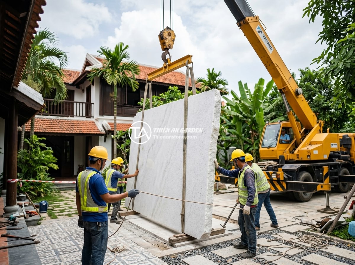 Giá Sập Đá Nguyên Khối 2026 Bao Nhiêu Tiền? Bảng Giá Chi Tiết Cập Nhật Mới Nhất - A team of workers using a large crane to transport and install a massive monolit