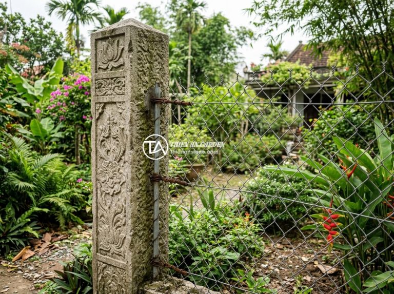 Giá Trụ Đá Hàng Rào B40 Và Trụ Bê Tông Đúc Sẵn Mới Nhất 2026 - Natural stone fence post B40 with steel wire mesh installed in a Vietnamese resi