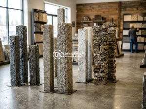 Giá Trụ Đá Hàng Rào Năm 2026: Báo Giá Chi Tiết Từng Loại Từ 1m Đến 3m - Various types of natural stone fence posts displayed in a showroom, including bl