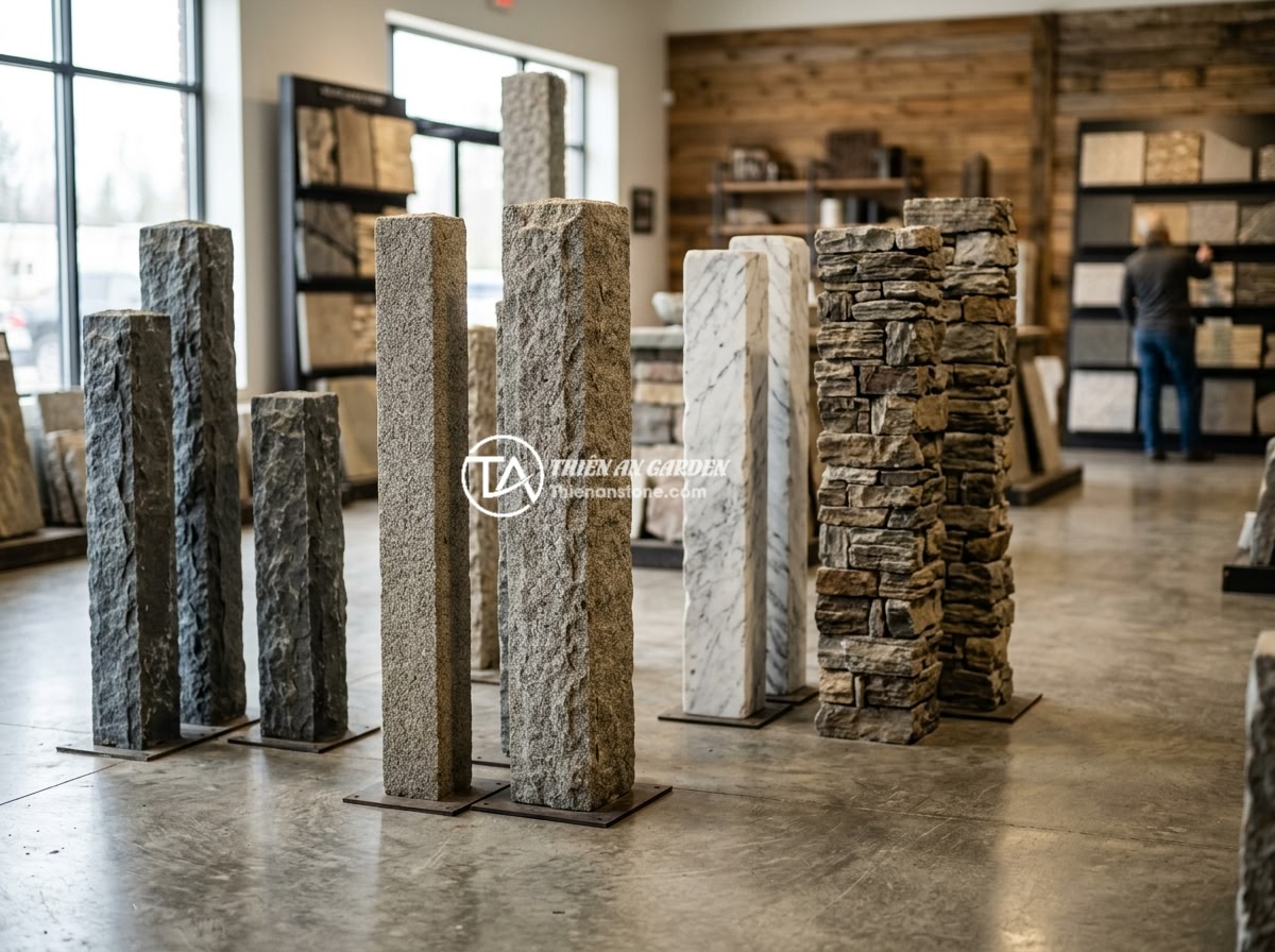 Giá Trụ Đá Hàng Rào Năm 2026: Báo Giá Chi Tiết Từng Loại Từ 1m Đến 3m - Various types of natural stone fence posts displayed in a showroom, including bl