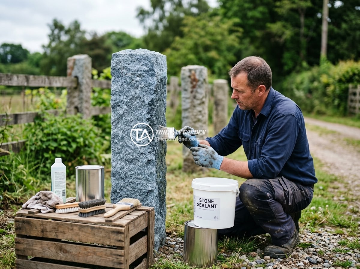 Giá Trụ Đá Hàng Rào Năm 2026: Báo Giá Chi Tiết Từng Loại Từ 1m Đến 3m - Maintenance process of natural stone fence posts, showing a worker applying wate