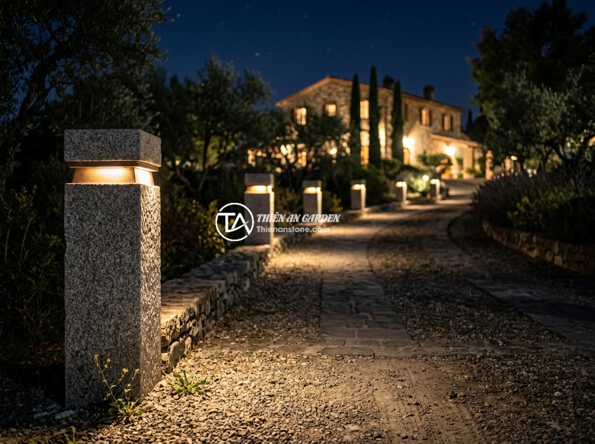 Giá Trụ Đá Hàng Rào Năm 2026: Báo Giá Chi Tiết Từng Loại Từ 1m Đến 3m - Modern stone fence posts with integrated LED solar lighting at night, creating w