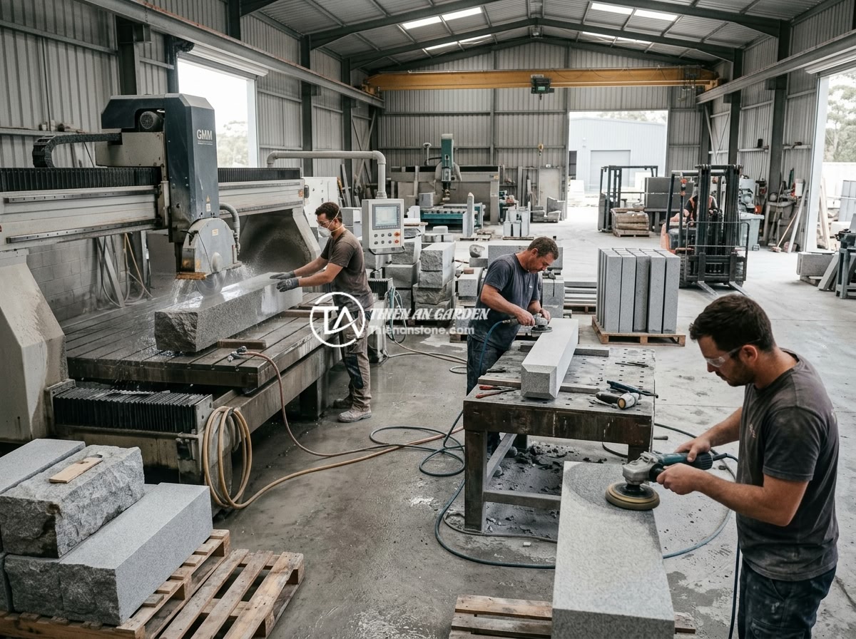 Giá Trụ Đá Hàng Rào Năm 2026: Báo Giá Chi Tiết Từng Loại Từ 1m Đến 3m - A professional stone workshop showing the production process of natural stone fe