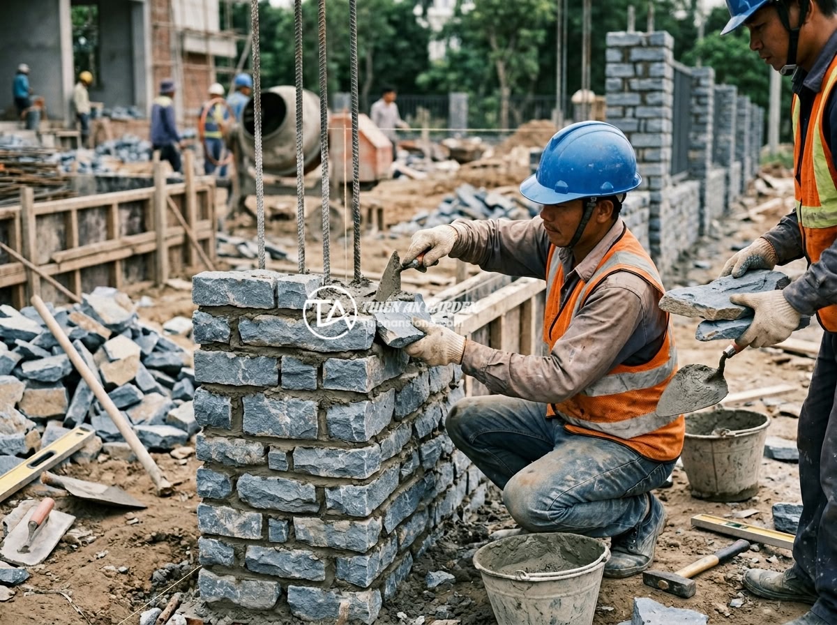 Giá Trụ Đá Hàng Rào Năm 2026: Báo Giá Chi Tiết Từng Loại Từ 1m Đến 3m - A stone split fence post being constructed by workers, showing the layering tech