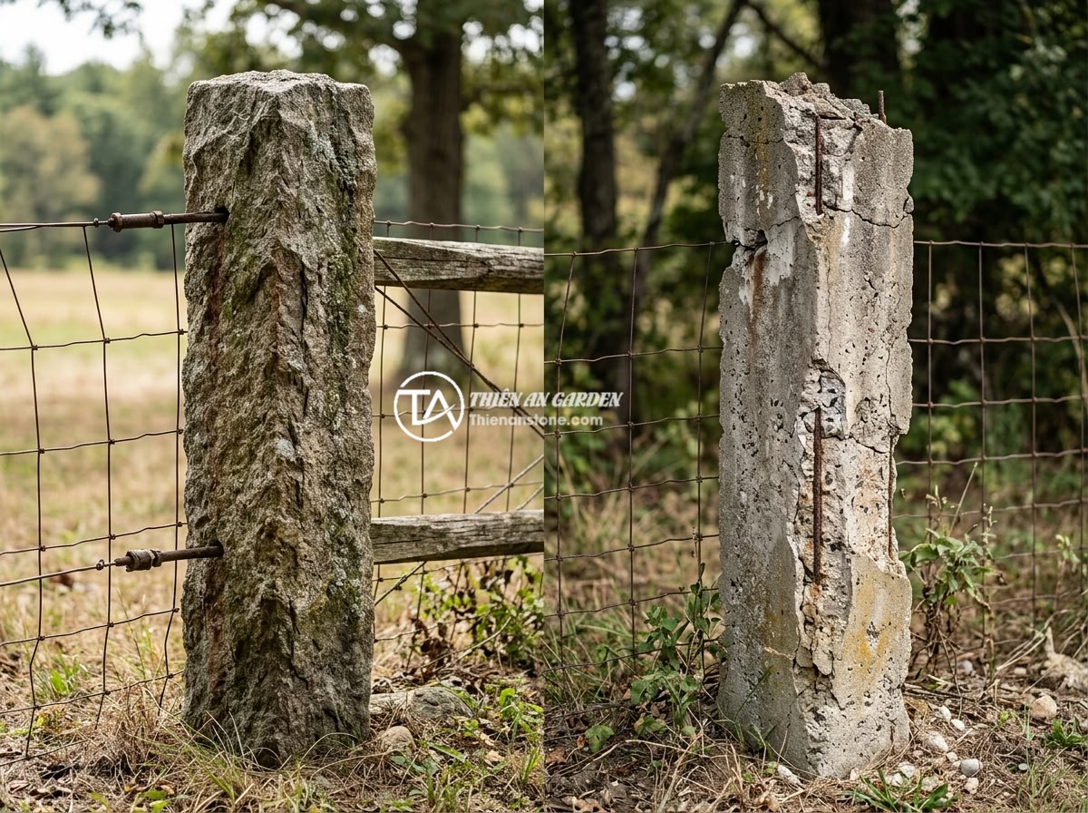 Giá Trụ Đá Hàng Rào Năm 2026: Báo Giá Chi Tiết Từng Loại Từ 1m Đến 3m - Side-by-side comparison of a natural stone fence post and a concrete fence post 