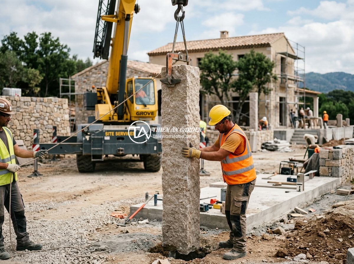 Giá Trụ Đá Hàng Rào Năm 2026: Báo Giá Chi Tiết Từng Loại Từ 1m Đến 3m - Workers installing a heavy natural stone fence post using a mobile crane at a vi