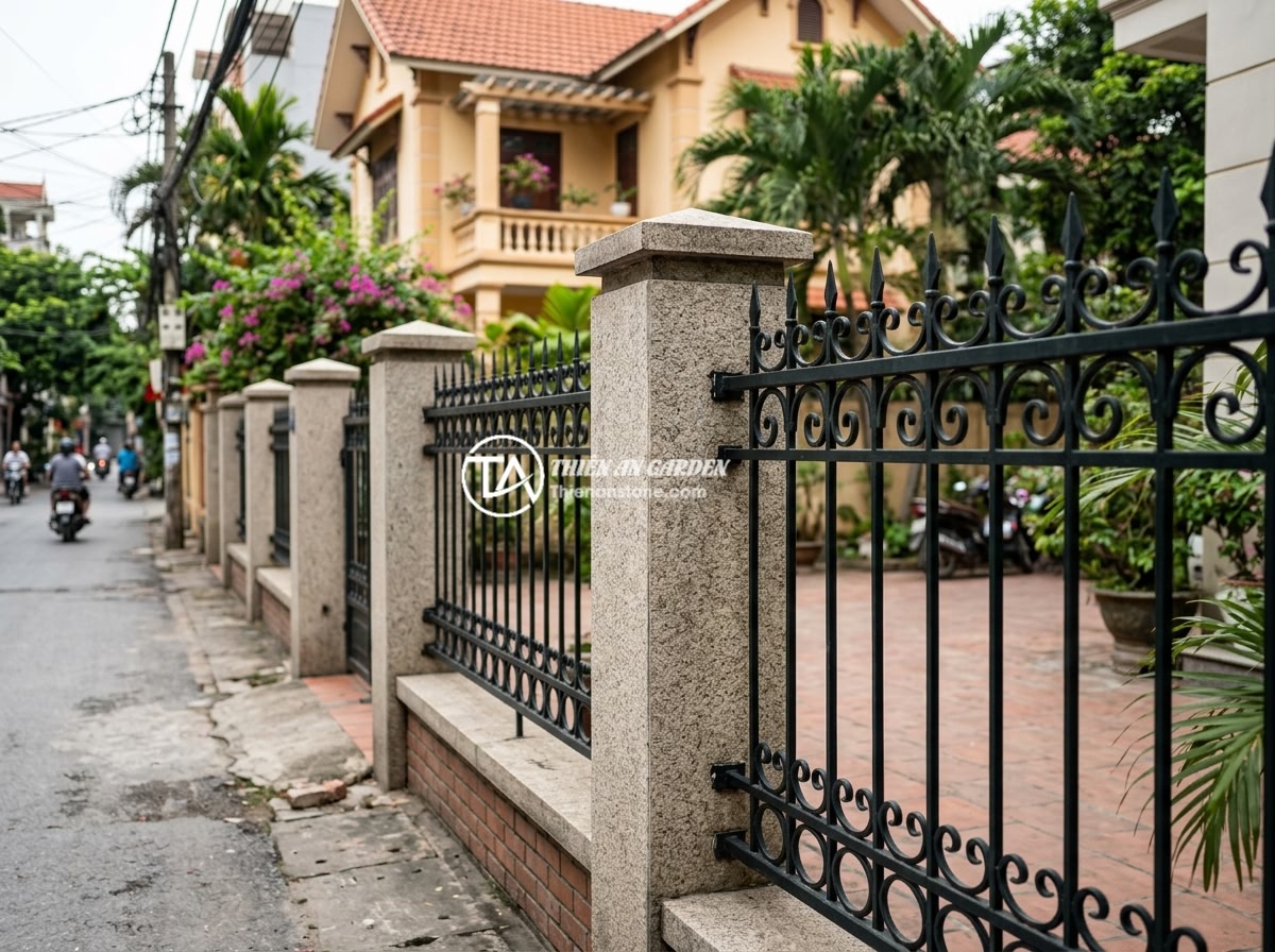 Giá Trụ Đá Hàng Rào Năm 2026: Báo Giá Chi Tiết Từng Loại Từ 1m Đến 3m - A cost-effective fence design combining natural stone posts with decorative iron