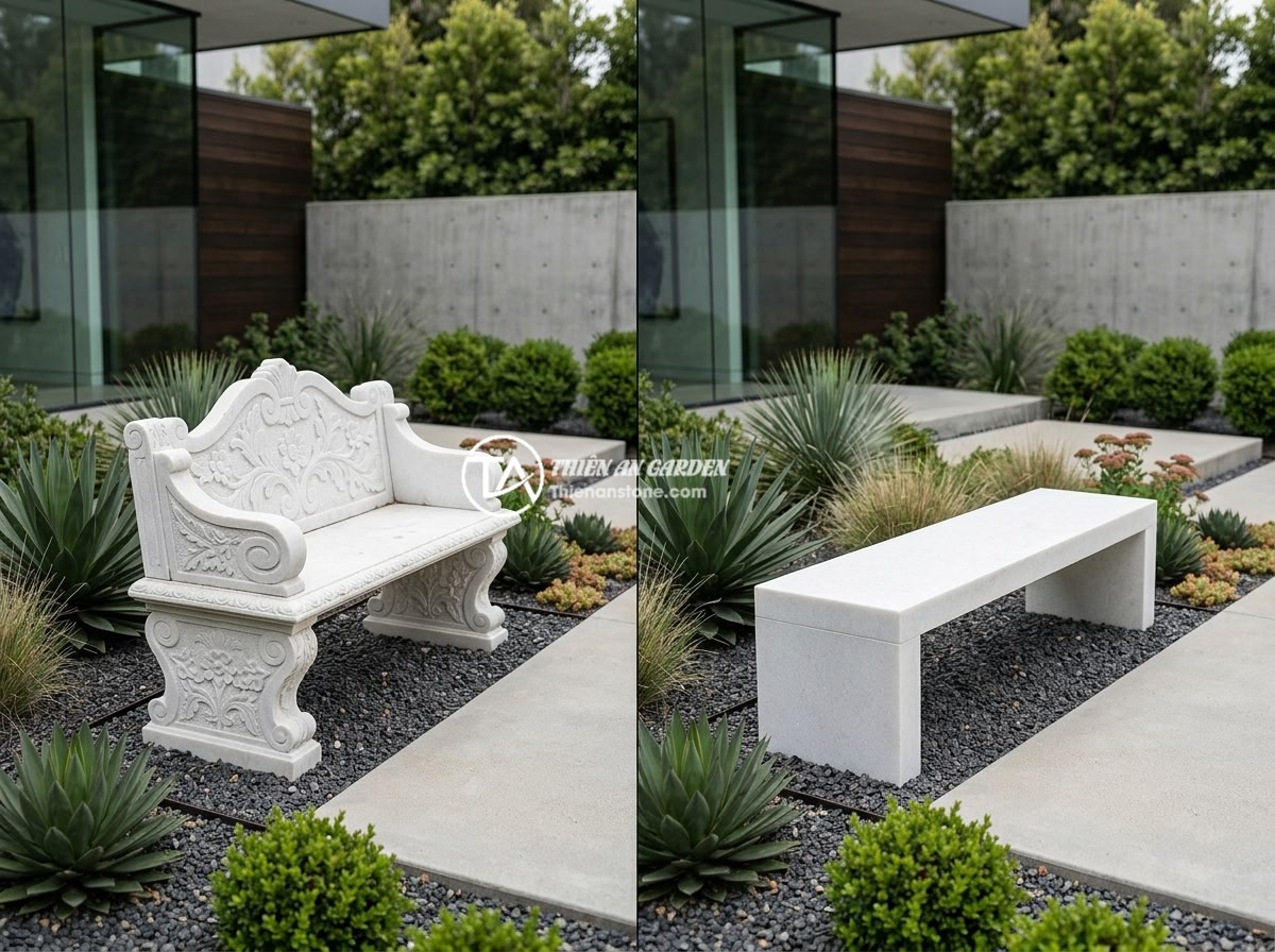 Giải Pháp Sập Đá Cho Sân Vườn Nhỏ Hẹp: Chọn Kiểu Dáng Kích Thước Tối Ưu Không Gian - A side-by-side comparison showing a mismatched stone bench in a modern garden (w