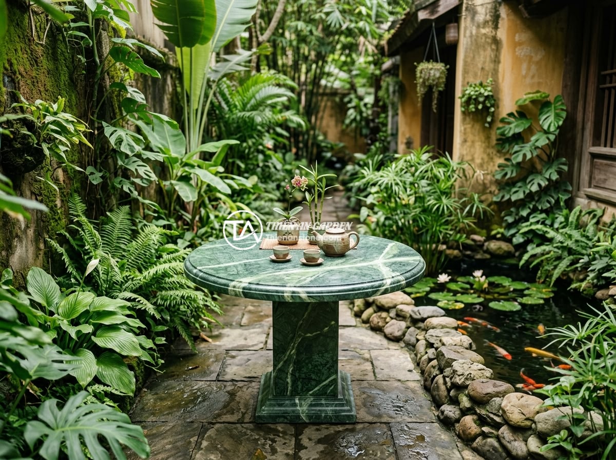 Giải Pháp Sập Đá Cho Sân Vườn Nhỏ Hẹp: Chọn Kiểu Dáng Kích Thước Tối Ưu Không Gian - A beautifully designed minimalist natural stone table set in a narrow Vietnamese