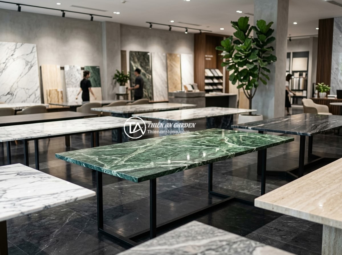 Gợi Ý Màu Sắc Vân Đá Cho Sập Đá Năm 2026 Hợp Phong Thủy Và Thẩm Mỹ - The showroom of Da Canh Thien An stone company displaying various premium natura