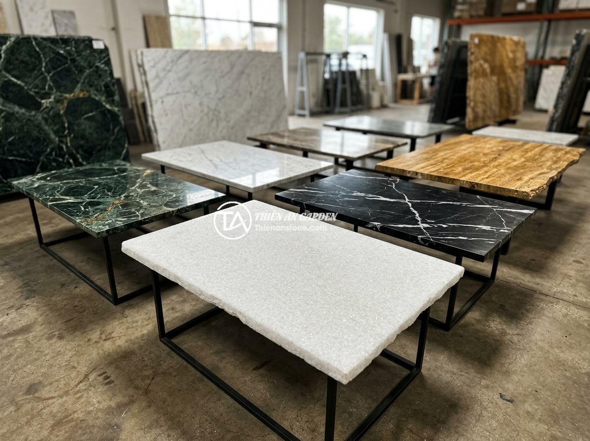Gợi Ý Màu Sắc Vân Đá Cho Sập Đá Năm 2026 Hợp Phong Thủy Và Thẩm Mỹ - Multiple natural stone slab tables arranged in a showroom displaying various col