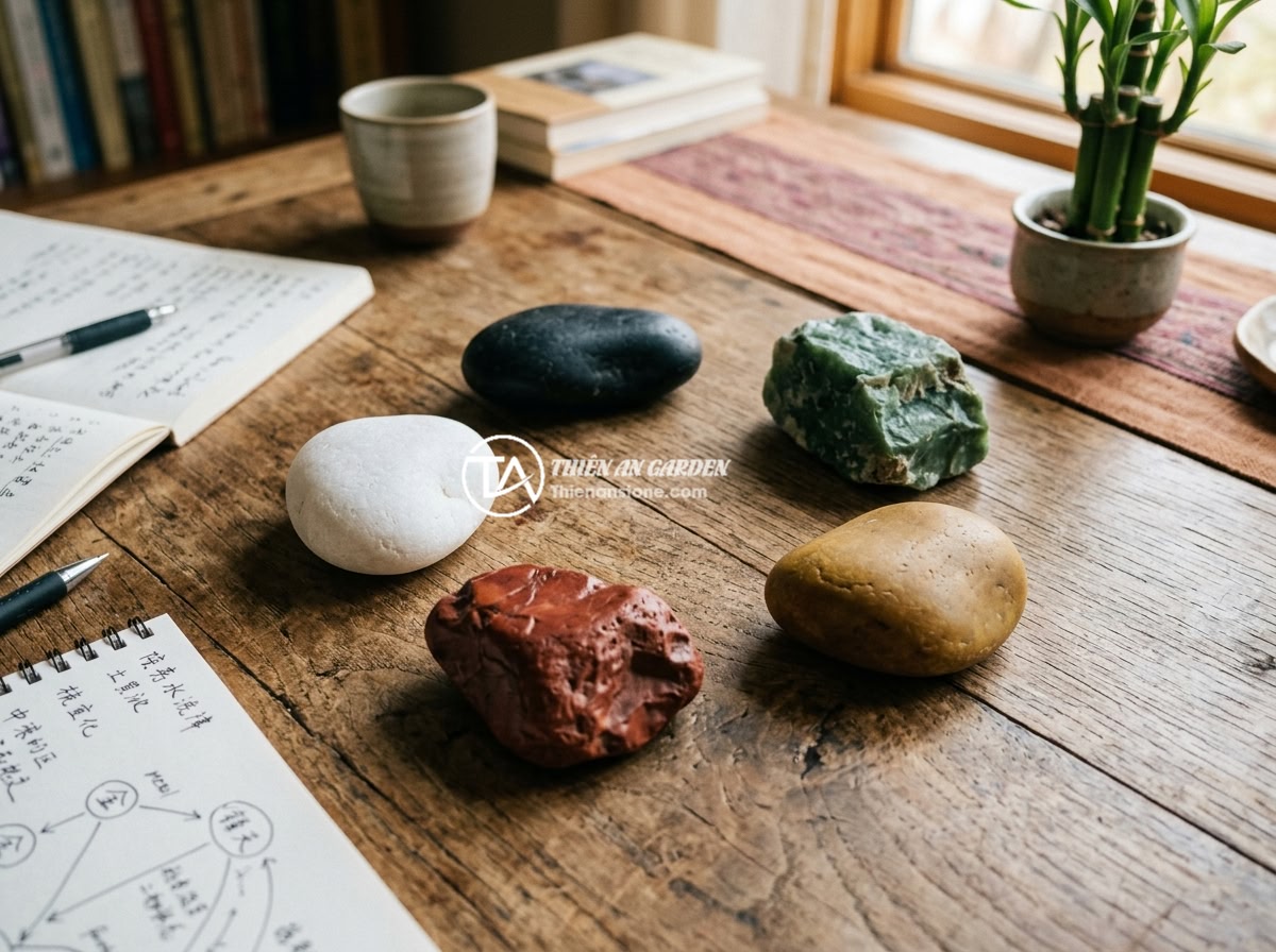 Gợi Ý Màu Sắc Vân Đá Cho Sập Đá Năm 2026 Hợp Phong Thủy Và Thẩm Mỹ - A feng shui consultation setup with five natural stone samples representing the 